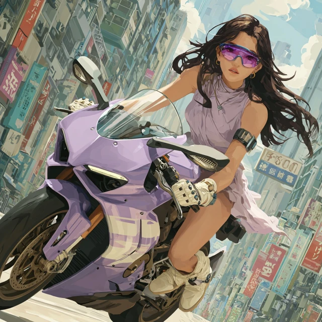Anime Woman on Motorbike Racing in Futuristic City