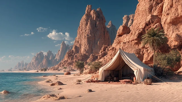 Saudi Desert Tent Scene Natural Rock Formations