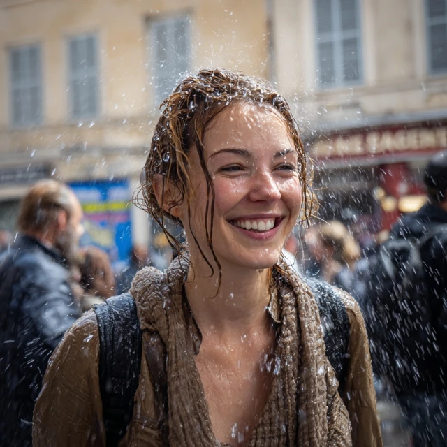 Woman in Marseille Rain Smiling