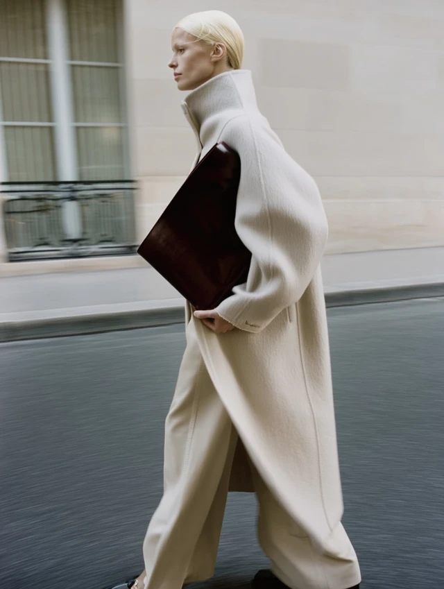 Elegant Woman in Beige Coat Walking in Paris