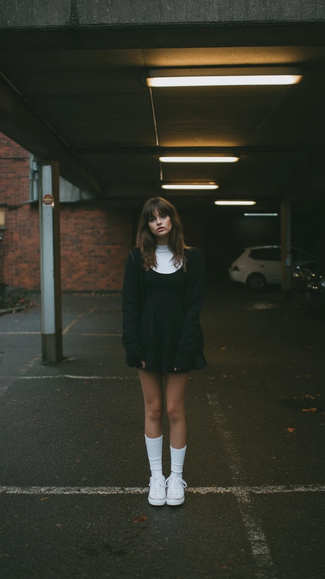 Girl in black dress and white sneakers in an urban setting