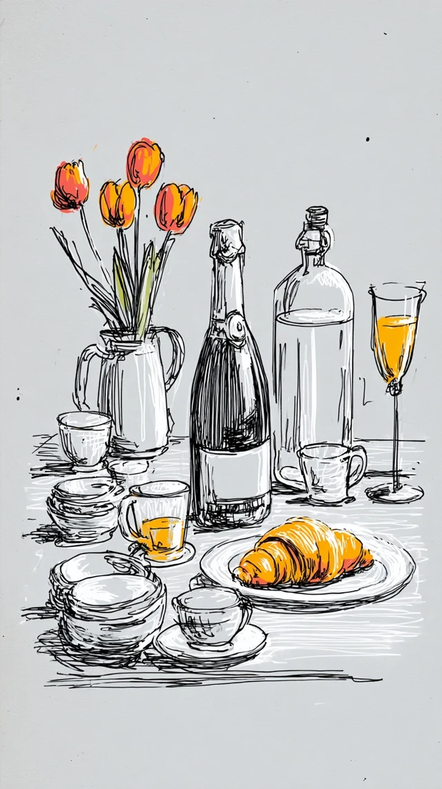 Brunch Table Illustration Champagne Croissant Tulips