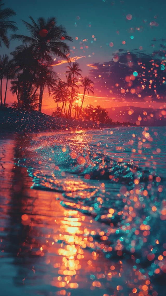 Sunset Beach with Palm Trees Bokeh Photo