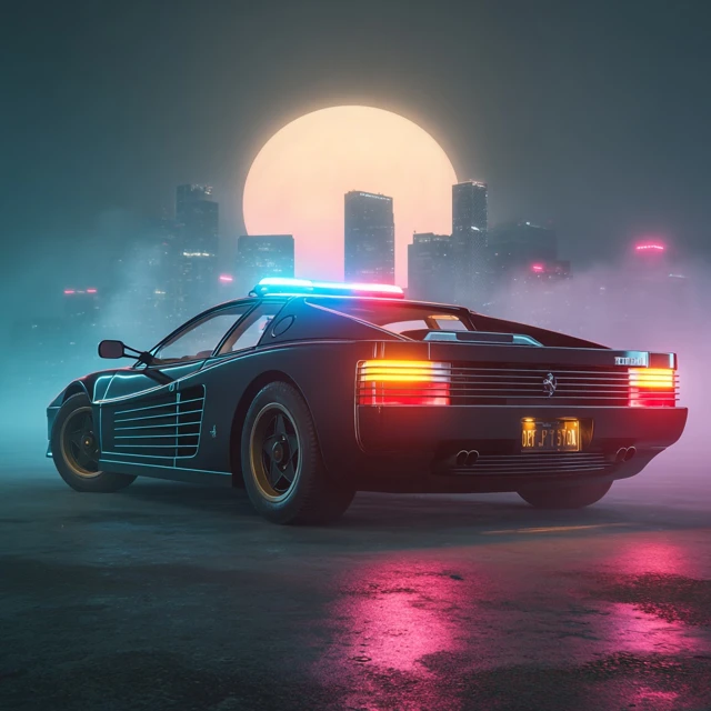 80s Synthwave Police Car in a Neon City
