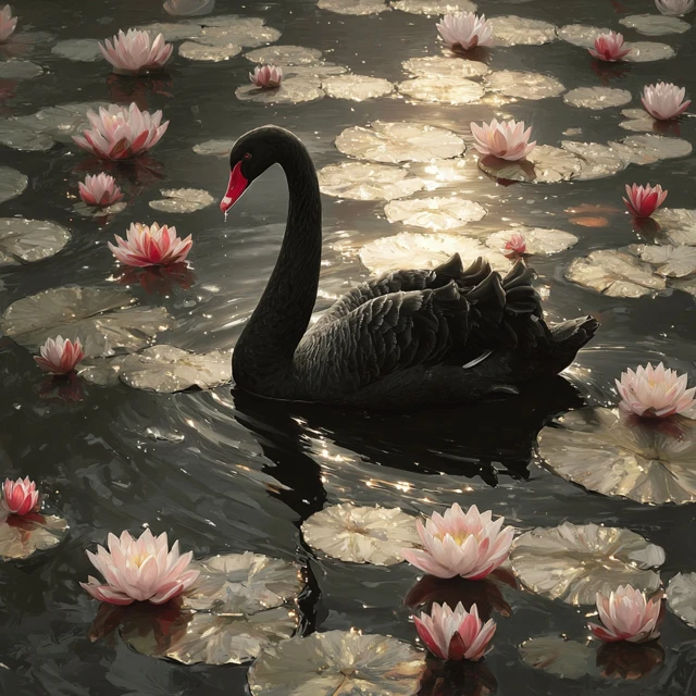 Black Swan on Water with Lotus Blossoms