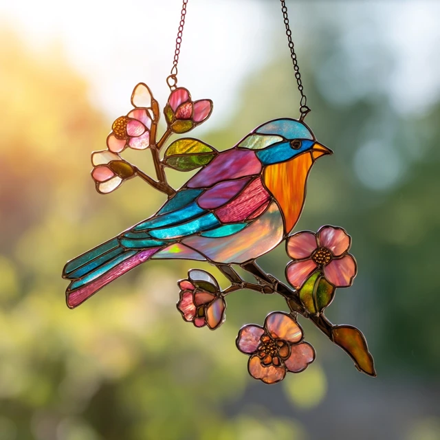 Stained Glass Songbird Suncatcher Colorful Bird Art