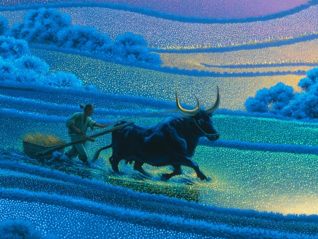 Chinese Painting Diligent Ox Plowing Fields
