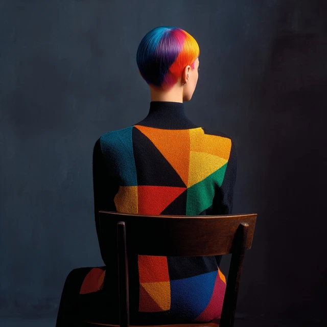 Geometric Haircut Woman on Chair Fashion Portrait