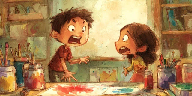 Childrens Book Illustration: Angry Boy in Classroom
