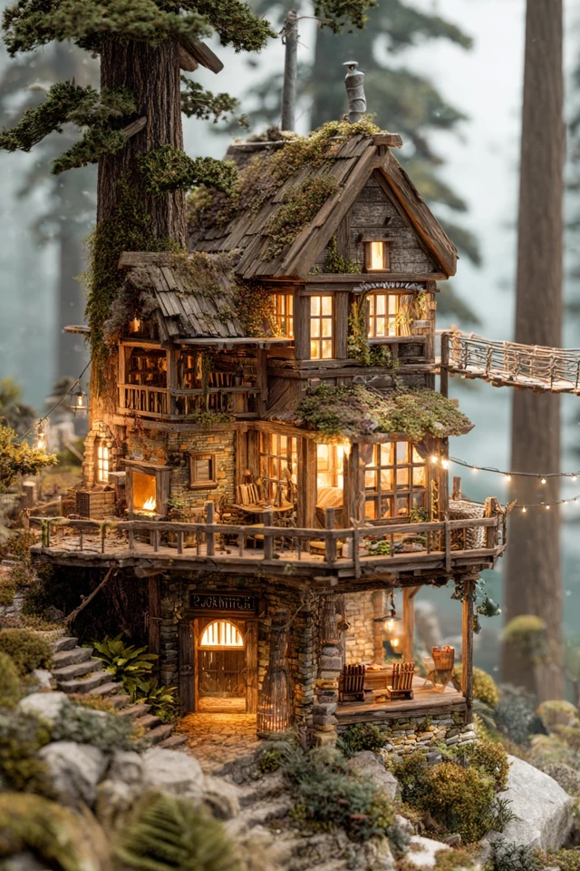 Cozy Treehouse Forest Cabin in Misty Golden Hour Light