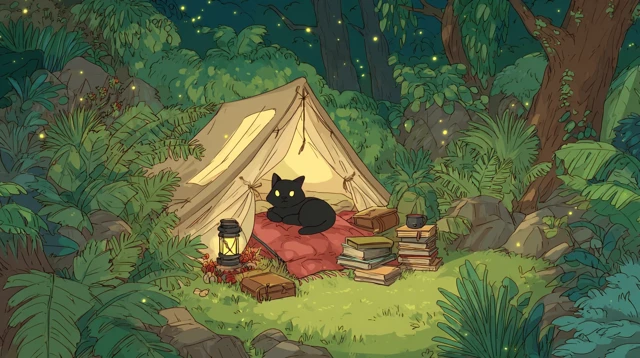 Cozy Cat in Enchanted Forest - Whimsical Cartoon