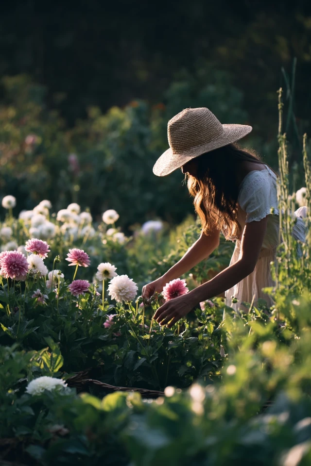 Woman Harvesting Flowers in a Peaceful Garden