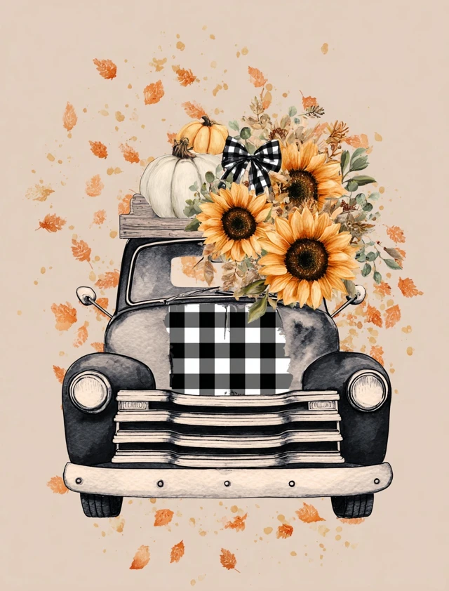 Fall Truck with Pumpkins and Sunflowers Watercolor