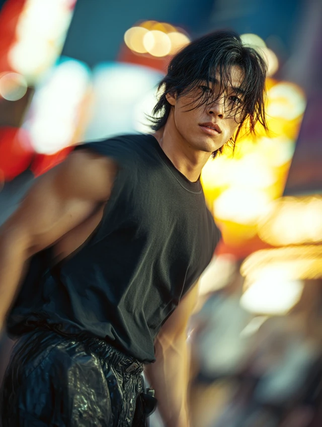 Young Asian Man in 80s Tokyo: Dynamic Photo