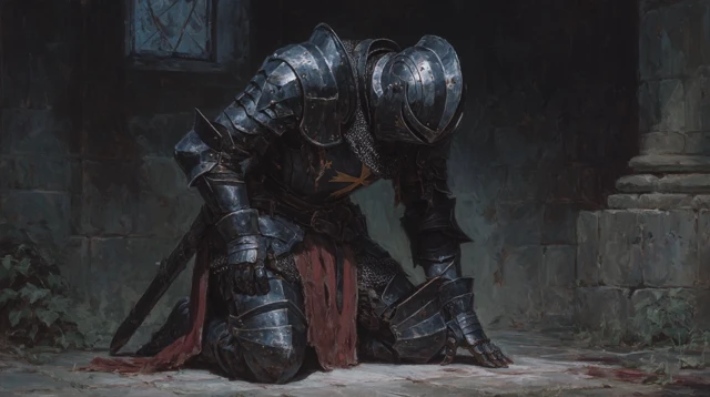 Tired Knight in a Dark Dungeon Oil Painting