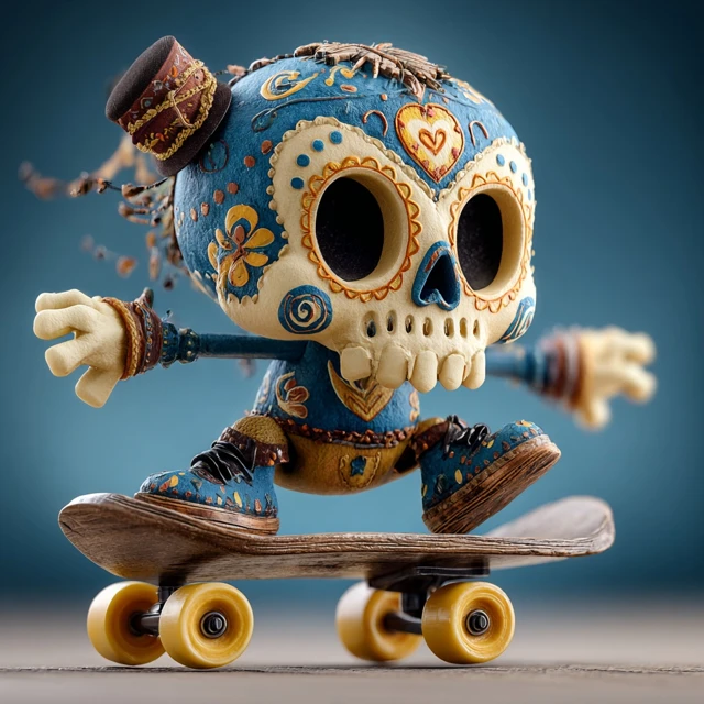 3D Mexican Skull Skateboarder Dia de los Muertos