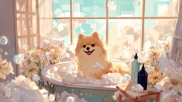 Happy Pomeranian Bath Time Cute Bathroom Scene