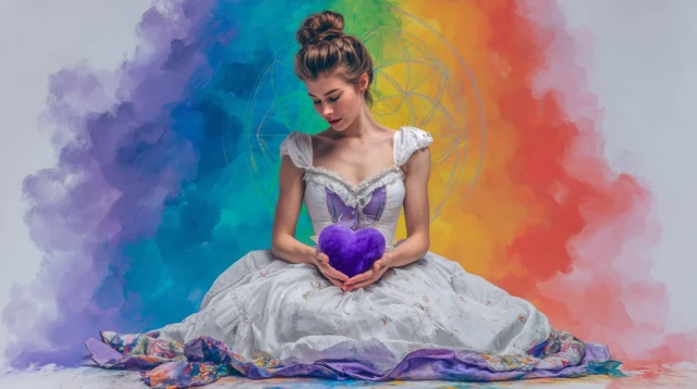 Beautiful Girl on Rainbow Holding Heart Art