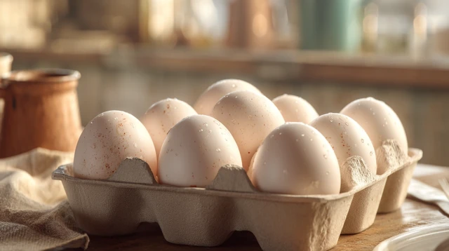 Fresh Chicken Eggs in a Cardboard Box