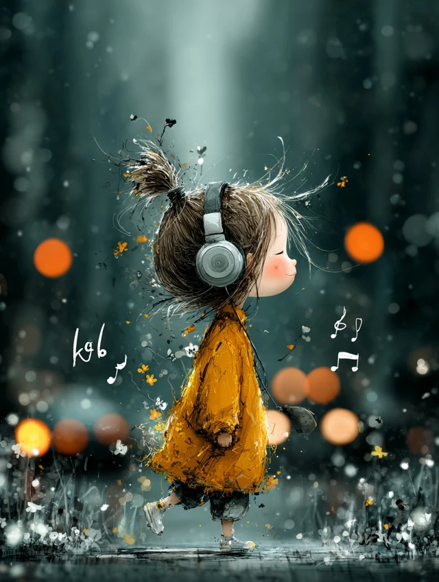 Cute Girl Listening to Music Smiling Walking