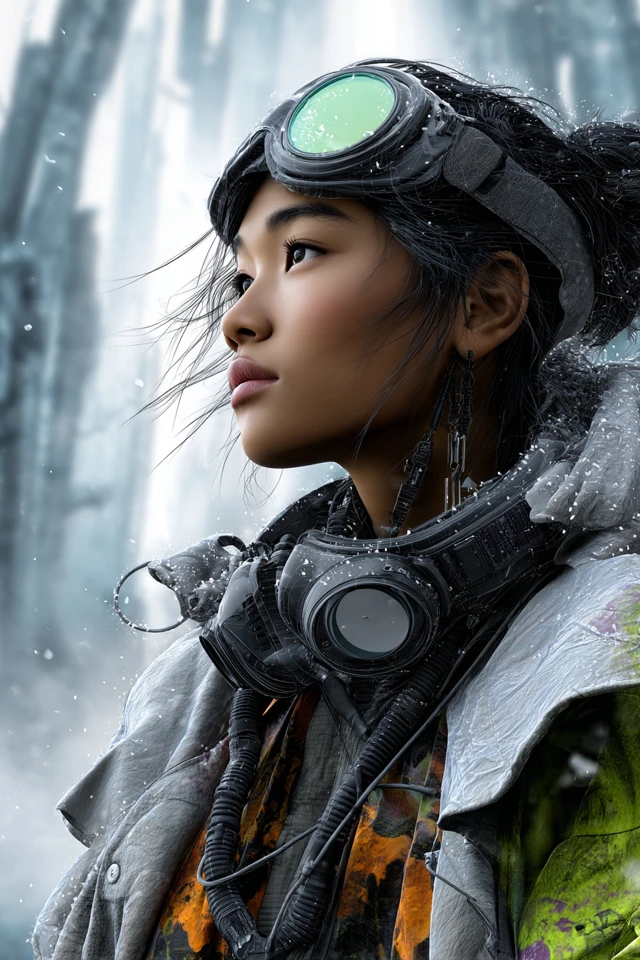 Asian Pilot in Snowy Alien City Cyberpunk Art