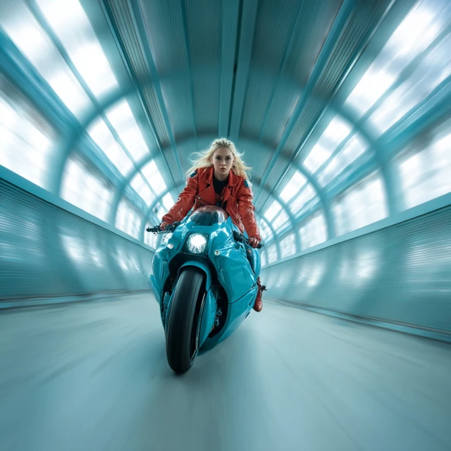 Blonde Girl on Futuristic Motorcycle in a Tunnel