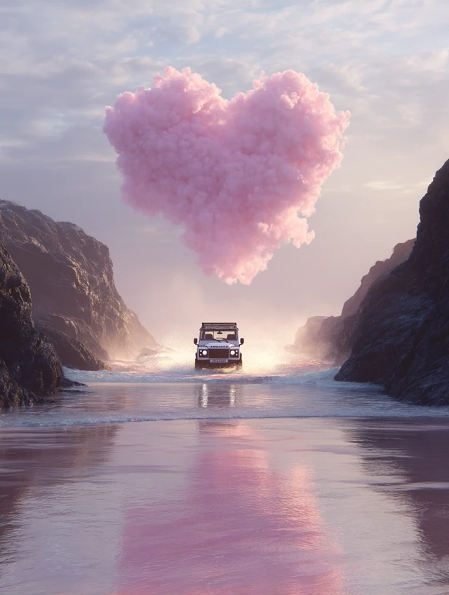 Land Rover Defender Heart Cloud Ocean Scene CGI