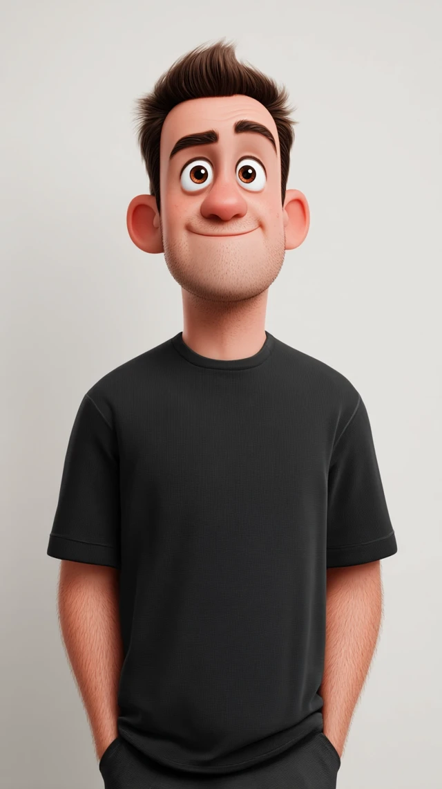 3D Cartoon Man in Black Tshirt with a Warm Smile