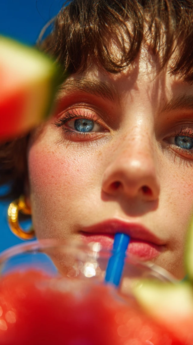 Woman Drinking Watermelon Drink Close Up
