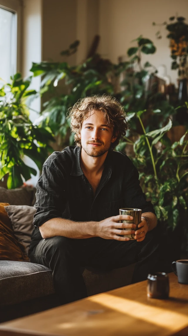 Man Relaxing in Cozy Living Room Drinking Coffee