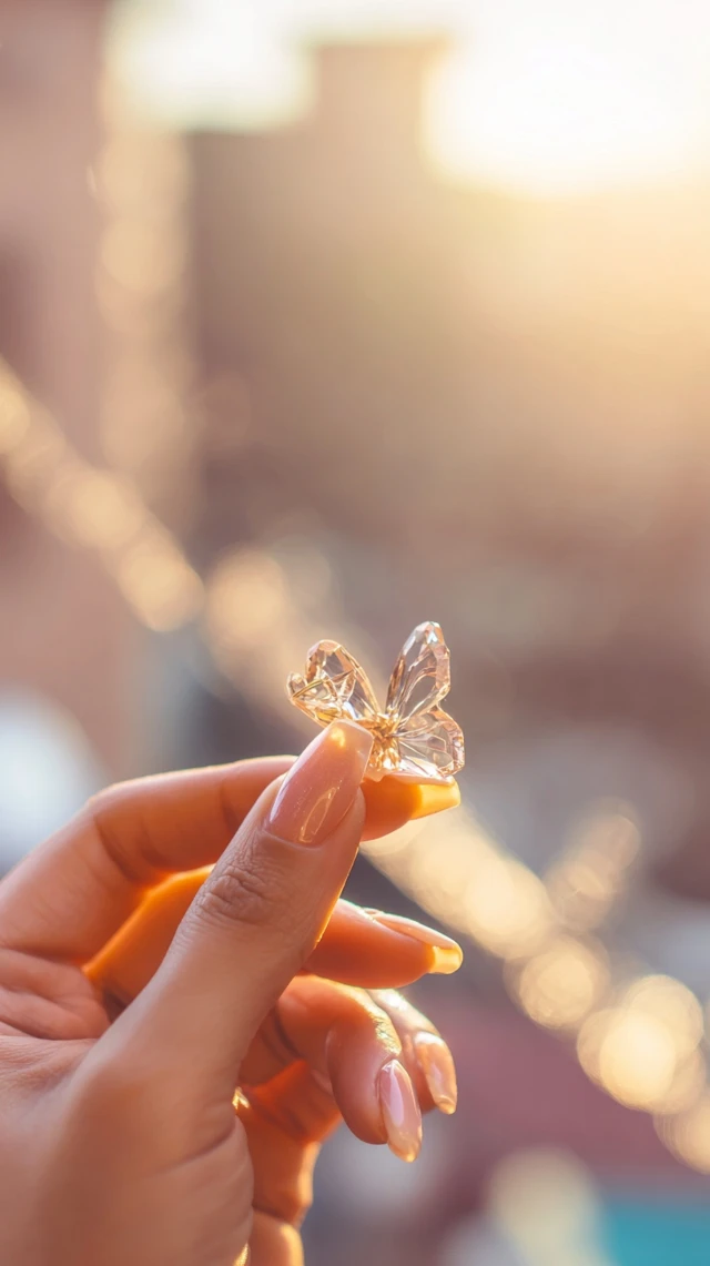 Crystal Butterfly Hand Pastel Nails Golden Hour