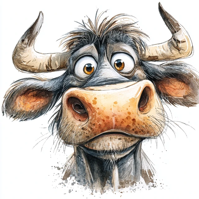 Cartoon Ox Watercolor Painting With Big Eyes
