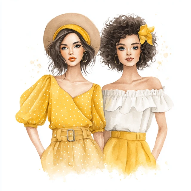 Watercolor Friends Girls in Yellow Outfit Clipart