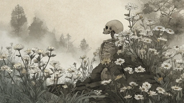 Skeleton in Meadow Chinese Ink Wash Painting