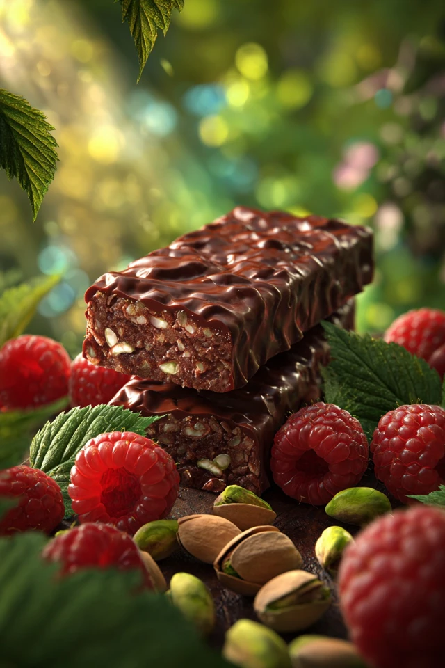 Chocolate Protein Bar with Raspberries and Pistachios