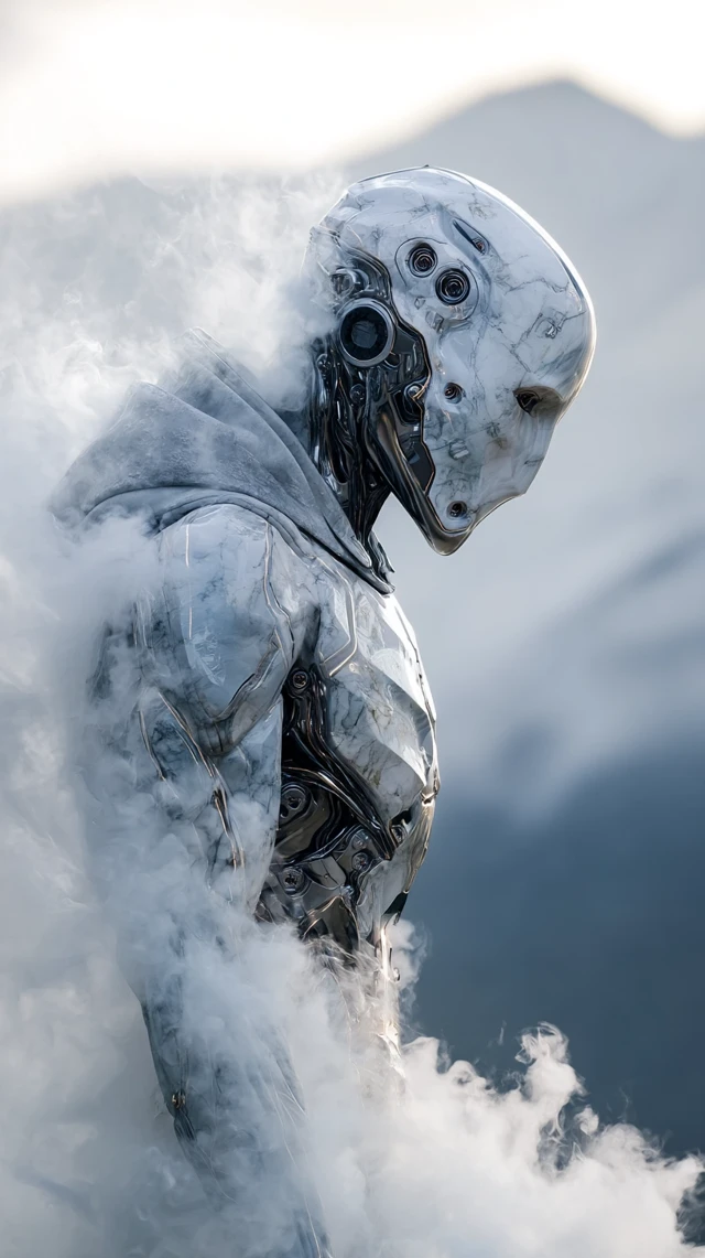 Marble Robot in Smoke Cinematic Hyperrealism