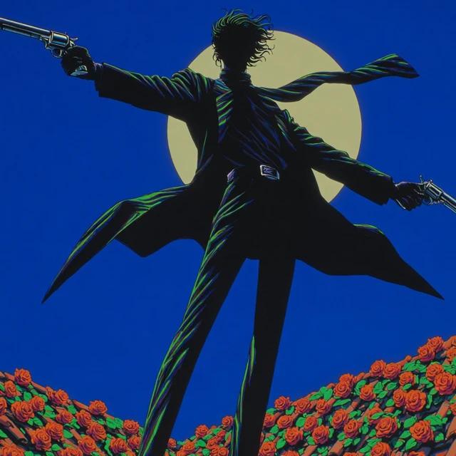 Anime Duelist on Rooftop with Pistols and Roses