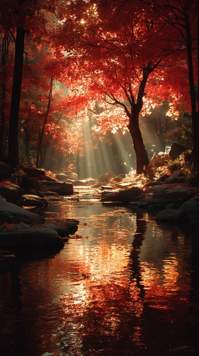 Autumn Forest Scene: Red Maple, Stream, Sunlight