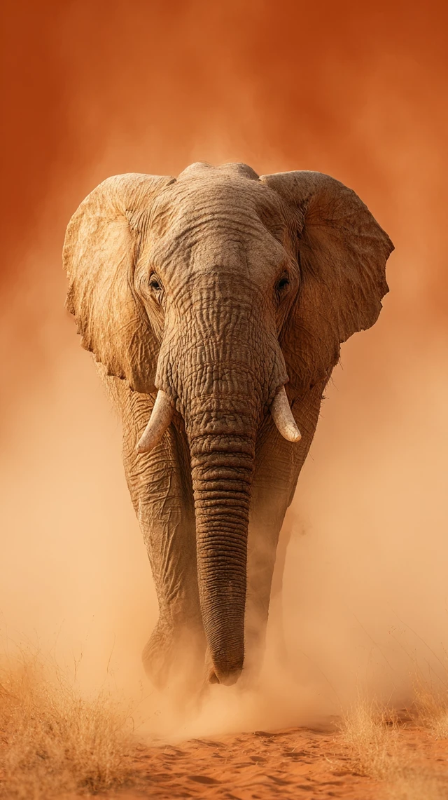 African Elephant in Desert Dust Realistic Photo
