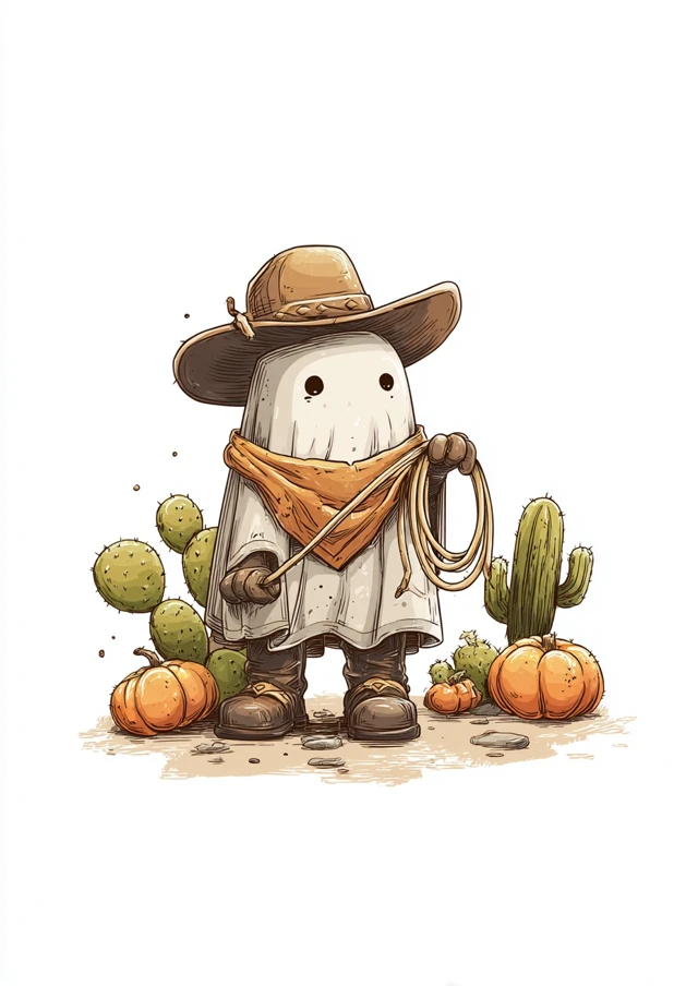 Cute Cowboy Ghost with Lasso Cacti and Pumpkins