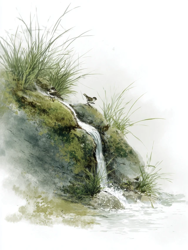 Japanese Ink Painting Water and Birds