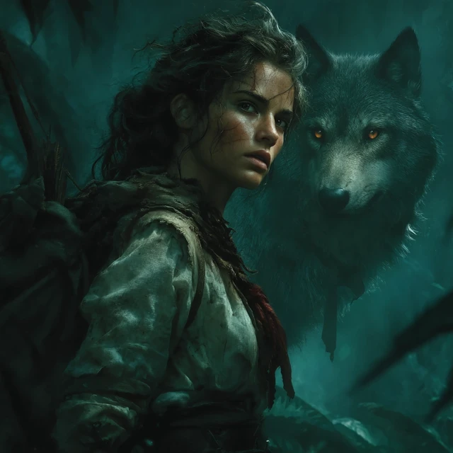 Woman and Wolf in a Mystical Forest