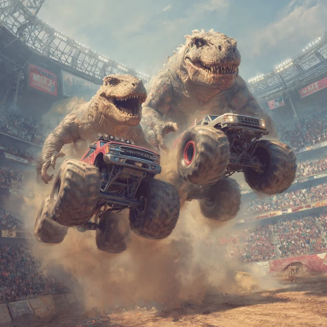 Dinosaurs vs Monster Trucks in Monster Jam Arena