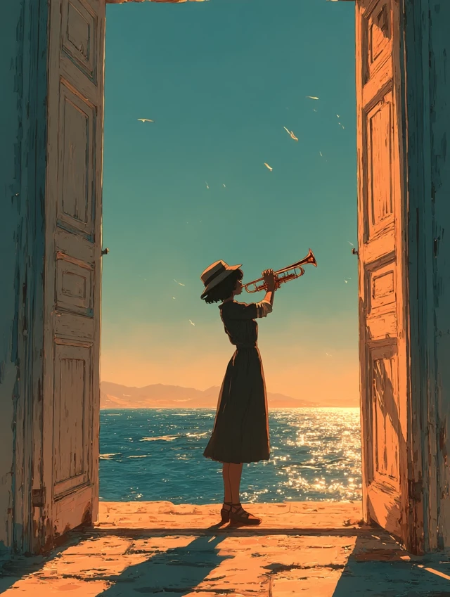 Woman Plays Trumpet at Open Door in Golden Light