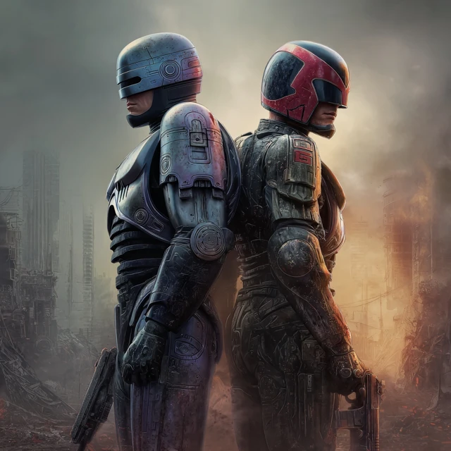 RoboCop and Judge Dredd in Futuristic City