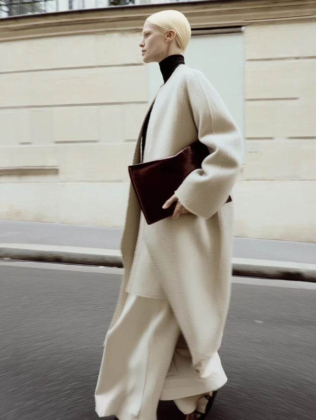 Elegant Woman in Beige Coat Walking in Paris