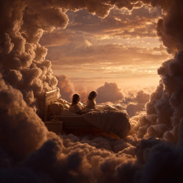 Women Dreaming Bed of Clouds Serene Illustration