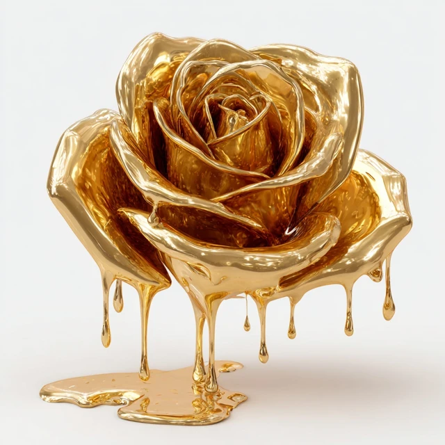 3D Gold Rose Dripping Liquid Metal Art