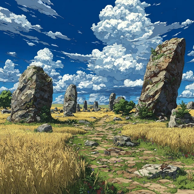 Megalithic Stones Wheat Field Anime Illustration