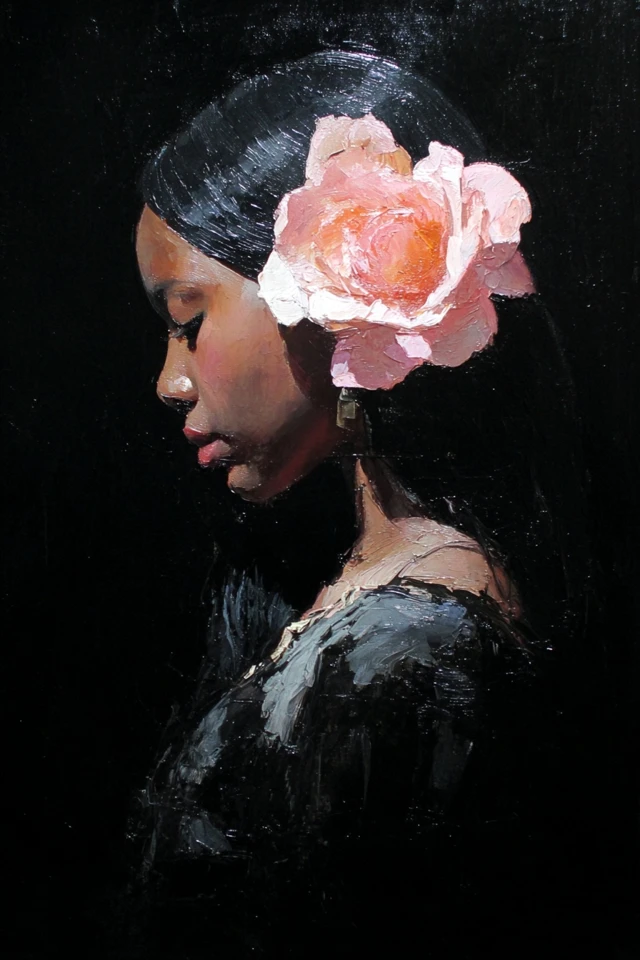 Oil Painting Black Woman with Rose